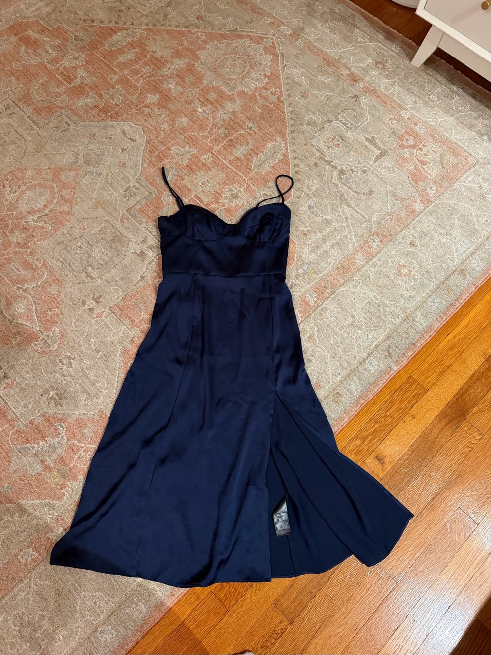 Aritzia Navy Satin Midi Slip Dress with Spaghetti Straps